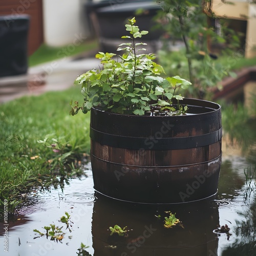 A rainwater harvesting barrel brimming with collected water, illustrating the effectiveness and sustainability of capturing rainwater for various uses. photo