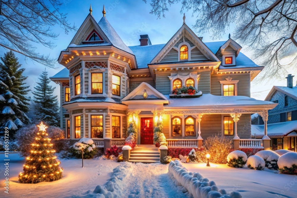 Fototapeta premium Beautifully decorated house at night with Christmas lights