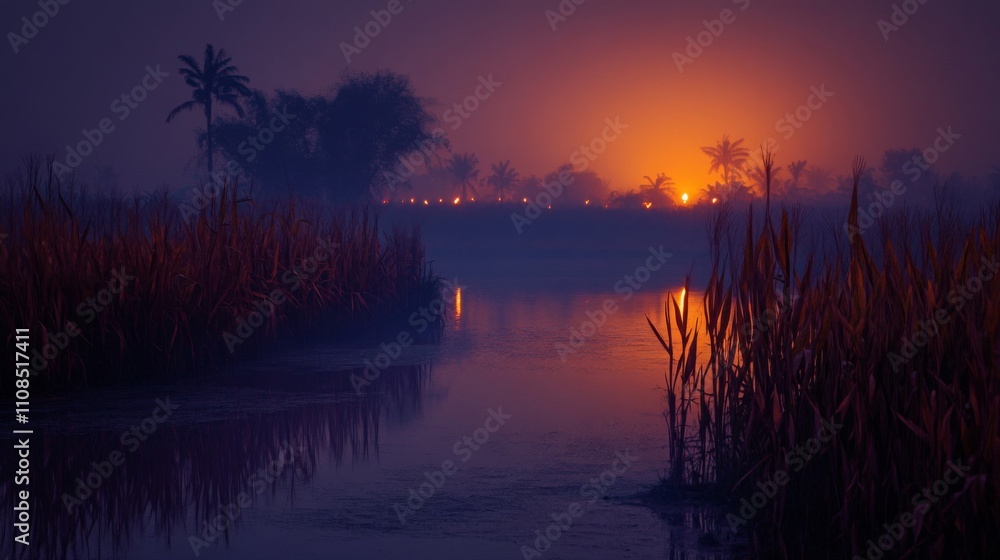 Obraz premium Silhouetted Palm Trees and Reeds at Sunset over a Calm Lake