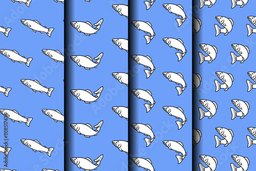 sea trout fish with various poses outline seamless pattern on blue background set. trout fish minnows illustration pattern background collection for fish shop, fishing sport, restaurant seafood
