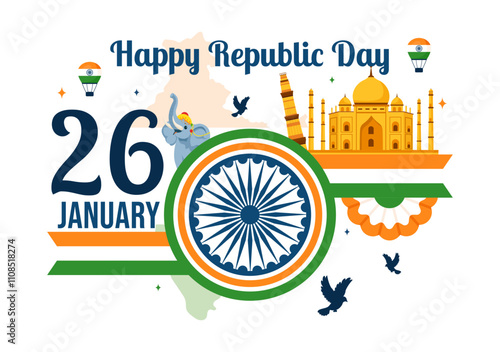 Happy India Republic Day Vector Illustration on 26 January Featuring the Indian Flag and India Gate in a National Holiday Celebration Flat Background