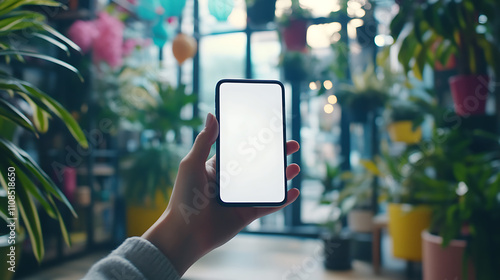 hand of individual gripping smartphone in vibrant indoor garden filled with plants and colorful decorations. scene conveys sense of connection and modernity