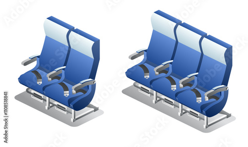 Isometric airplane seats. Economy class seats. Objects isolated on white background. Aircraft interior armchair.