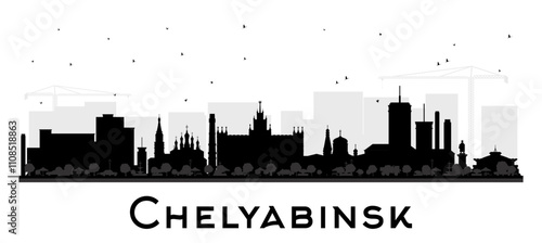 Chelyabinsk Russia city skyline silhouette with black buildings isolated on white. Chelyabinsk cityscape with landmarks. Travel and tourism concept with modern and historic architecture.