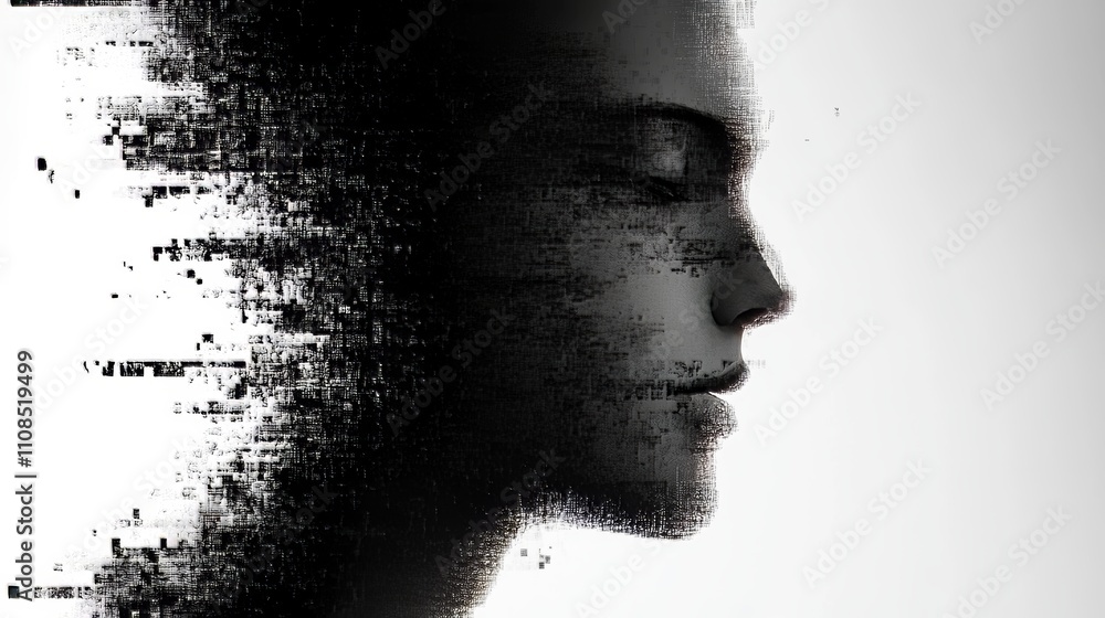 A striking digital artwork depicting a woman's face dissolving into pixels, symbolizing technology and transformation. A striking digital artwork depicting a woman's face dissolving into pixels, symbolizing technology and transformation.