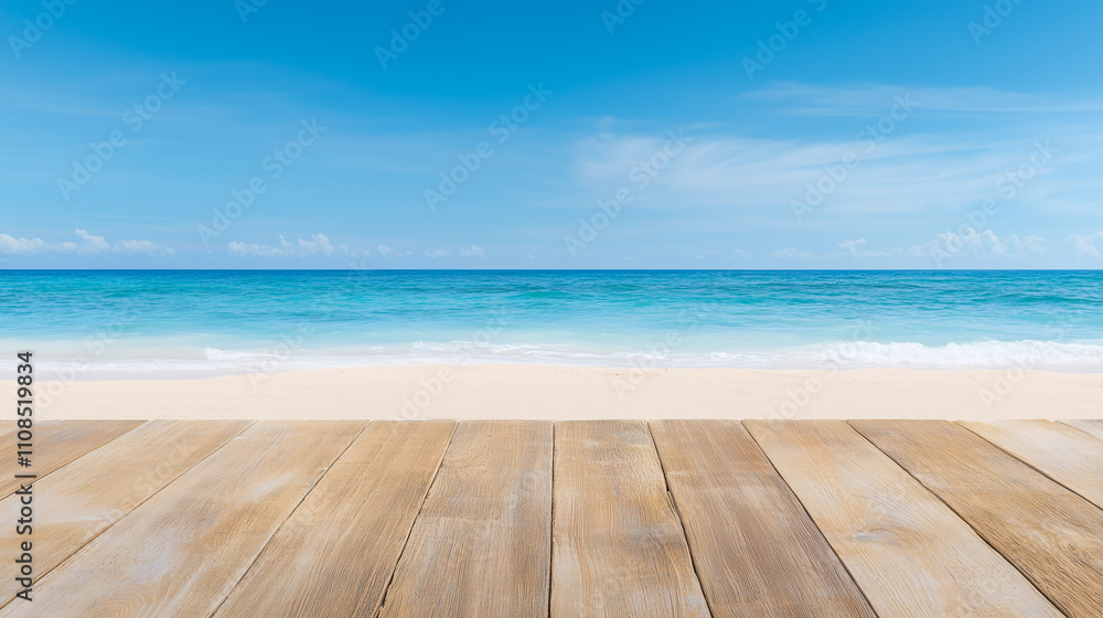 Fototapeta premium Wooden or plank flooring on a sandy beach in summer. For product display, Calm Sea Background and Blue Sky