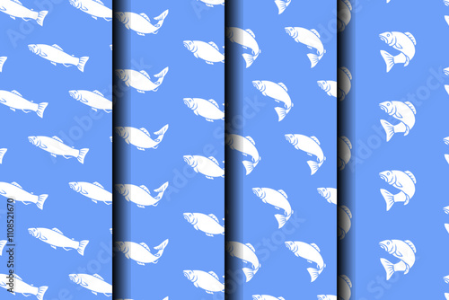 sea trout fish with various poses silhouette seamless pattern on blue background set. trout fish minnows illustration pattern background collection for fish shop, fishing sport, restaurant seafood