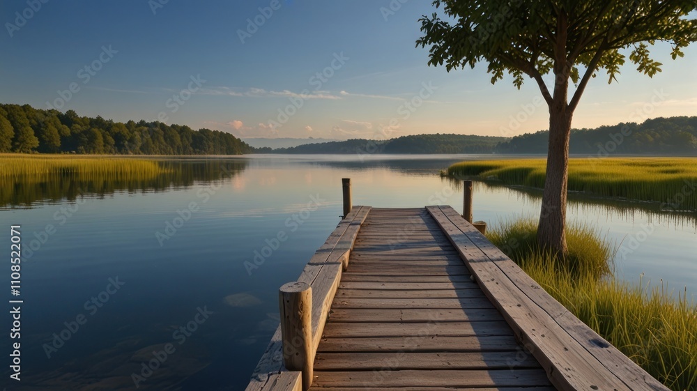 Naklejka premium Serene sunrise over calm lake with wooden dock.