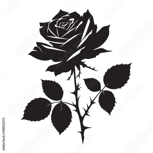 Decorative rose with long stem and leaves. Flower sketch. Vector illustration Silhouetted rose with leaves and thorns on stem, perfect for love and nature themed designs