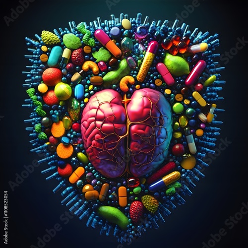 A shield-shaped organ surrounded by protective elements like vitamins and antioxidants, symbolizing the immune system's role in defending against illness.