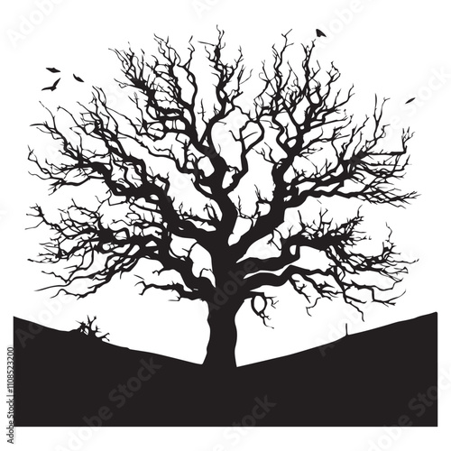 Mysterious Canopy: Snag Tree Silhouettes Crafting a Mysterious Canopy in Nature's Silent Symphony - Snag Tree Vector - Dry Tree Silhouette - Horror Tree Silhouette