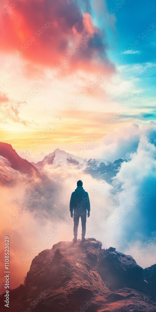 A person standing against a backdrop of mountains, merged with the sky, symbolizing determination to reach new heights. A person standing against a backdrop of mountains, merged with the sky, symbolizing determination to reach new heights.
