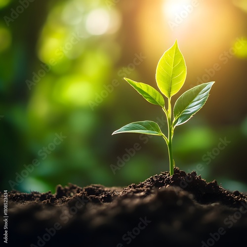 A small plant in the sunshine against a green nature background, symbolizing care for the environment and celebrating World Environment Day. photo