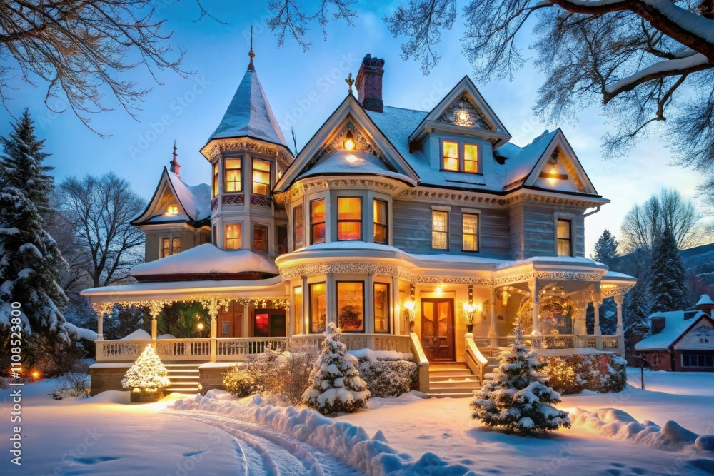 Fototapeta premium A house decorated for christmas with lights and snow