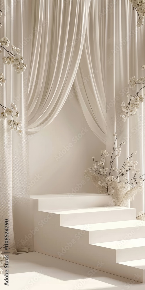 A serene scene featuring elegant white drapes and floral decor on a minimalist staircase, bathed in soft natural light. A serene scene featuring elegant white drapes and floral decor on a minimalist staircase, bathed in soft natural light.