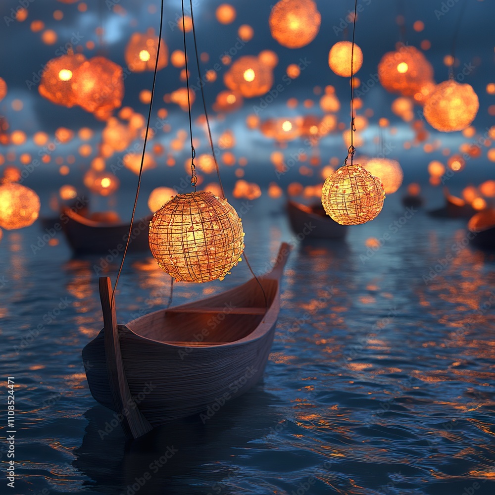 Obraz premium Wooden Boat Illuminated By Floating Lanterns At Night
