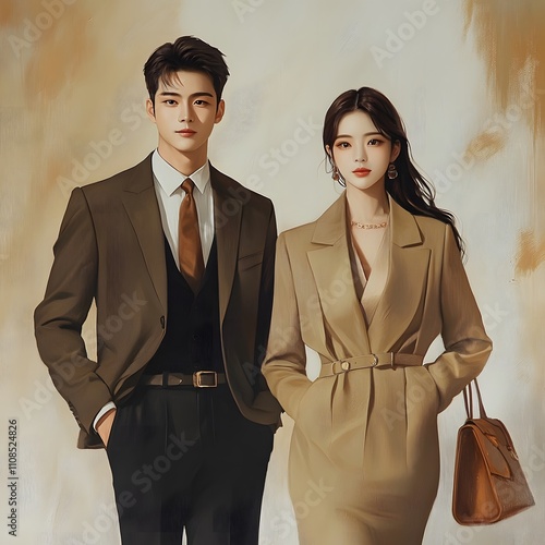 A stylish Korean couple, with the man exuding a cool and handsome demeanor, dressed in modern fashion, and the woman showcasing beauty and elegance, wearing a chic and sophisticated outfit. photo