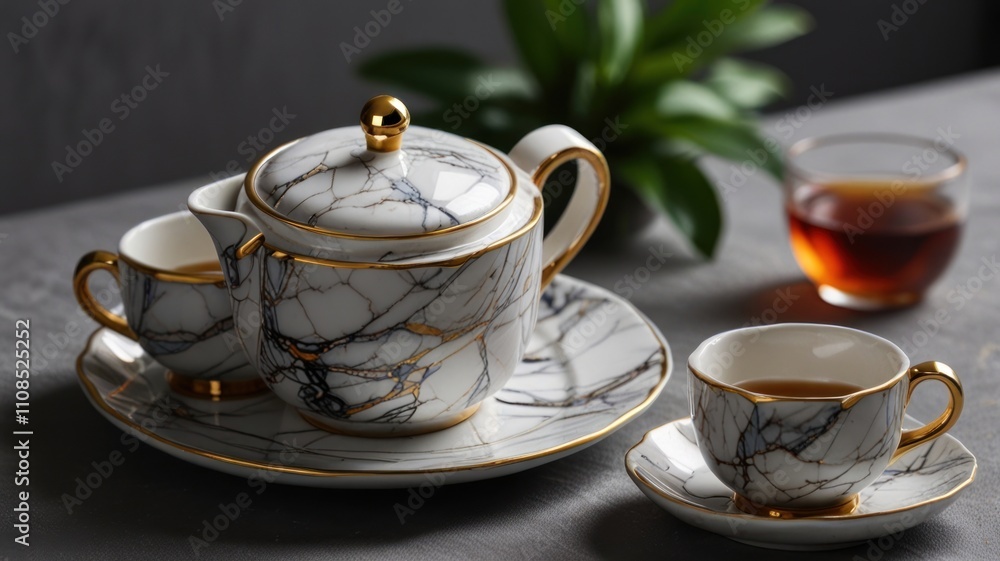 Fototapeta premium Elegant marble tea set with two cups and saucers on a grey tablecloth.