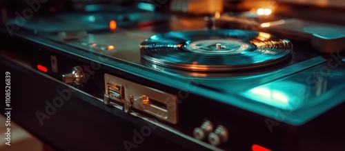 Vintage 1980s laserdisc player, shiny discs, silver buttons  photo