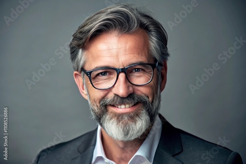 Portrait of happy mature man wearing spectacles and looking at camera indoor photo