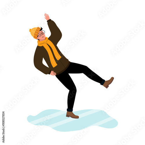 Person slipping on ice while wearing warm clothes during winter season