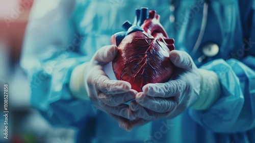 Close-up of surgeon's hands holding detailed human heart model, symbolizing organ transplantation and medical precision in healthcare procedures.	