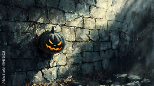 Shadows dance upon a crumbling stone wall, where a hollowed-out gourd casts a morbid grin, surrounded by gossamer. Gossamer. Illustration photo