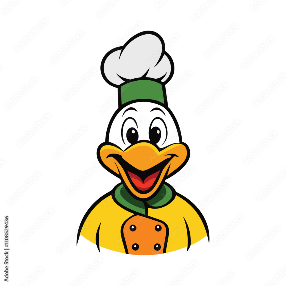 Obraz premium A cheerful duck mascot wearing a chef's hat and apron, holding a spatula and smiling warmly. The logo exudes friendliness, great food, and family-friendly vibes.