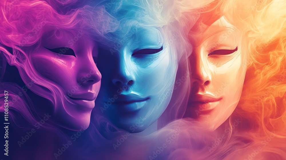 Surreal artwork featuring three abstract faces enveloped in vibrant pink, blue, and orange smoke. Surreal artwork featuring three abstract faces enveloped in vibrant pink, blue, and orange smoke.