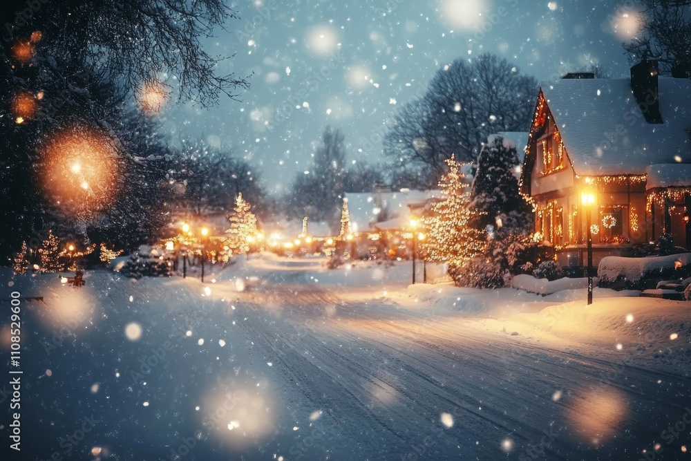 Charming snowy village scene with illuminated houses and falling snowflakes, capturing the magic of winter and holiday spirit. Charming snowy village scene with illuminated houses and falling snowflakes, capturing the magic of winter and holiday spirit.