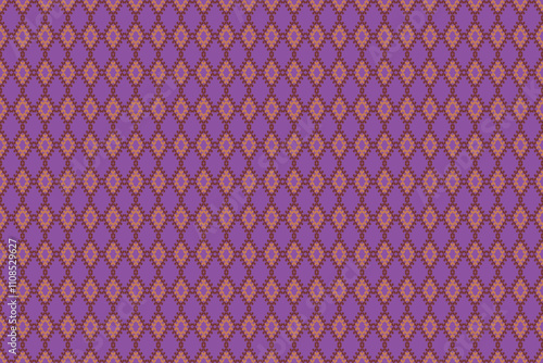 Purple background adorned with intricate diamond-shaped patterns in orange and red tones, creating a vibrant, geometric, and visually striking textile design