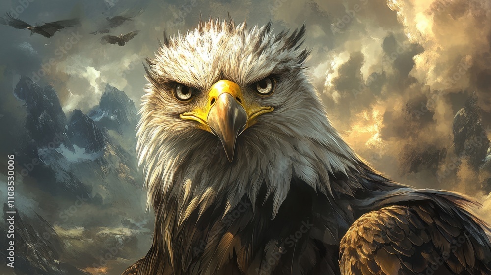 Fototapeta premium A close-up portrait of a bald eagle with a sharp, intense gaze, set against a dramatic natural backdrop, representing strength and resilience