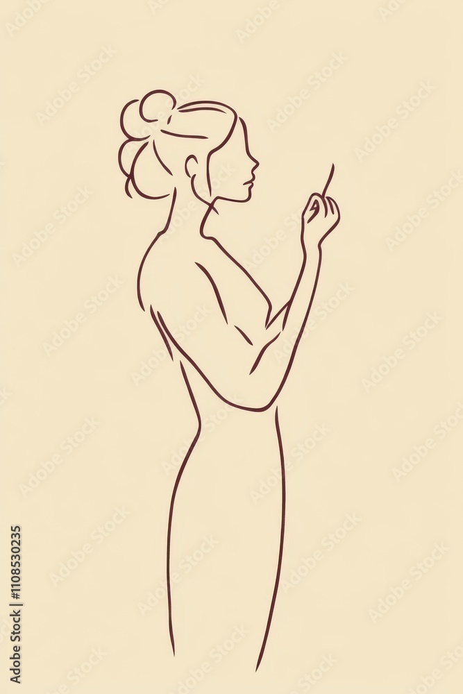 A minimal single line art of a woman giving a speech with one hand raised, her posture poised and her expression one of calm authority, hand-drawn style minimalist line art, beige colors A minimal single line art of a woman giving a speech with one hand raised, her posture poised and her expression one of calm authority, hand-drawn style minimalist line art, beige colors
