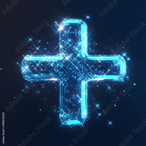 A virtual blue plus sign symbolizing medical health and healthcare insurance, representing the concept of health coverage and medical services. photo