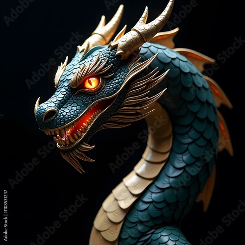 Majestic Teal Dragon with Glowing Eyes: A 3D Render of Mythical Creature photo