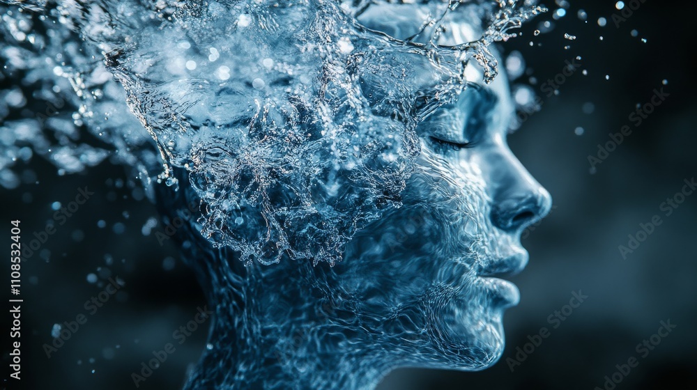 A woman's face is shown in a blue watery form. Concept of calmness and tranquility, as if the woman is floating in a peaceful sea A woman's face is shown in a blue watery form. Concept of calmness and tranquility, as if the woman is floating in a peaceful sea