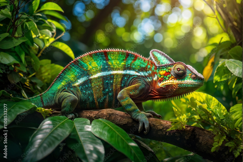 Fototapeta premium Vibrant Photorealistic Chameleon with Colorful Scales