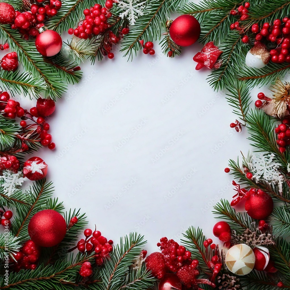 Festive Christmas Border with Pine Branches and Red Ornaments on White Background Festive Christmas Border with Pine Branches and Red Ornaments on White Background