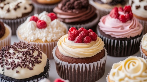 A mouthwatering selection of gourmet cupcakes topped with chocolate, raspberries, and cream, perfect for dessert lovers.