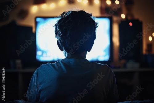 Boy sits watching TV in a dark room. Illustrates screen time, media consumption, and youth culture.