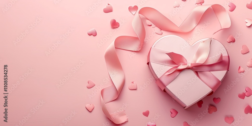 Obraz premium Heart-shaped gift box and ribbon on a pastel background for Valentine's Day gifting.