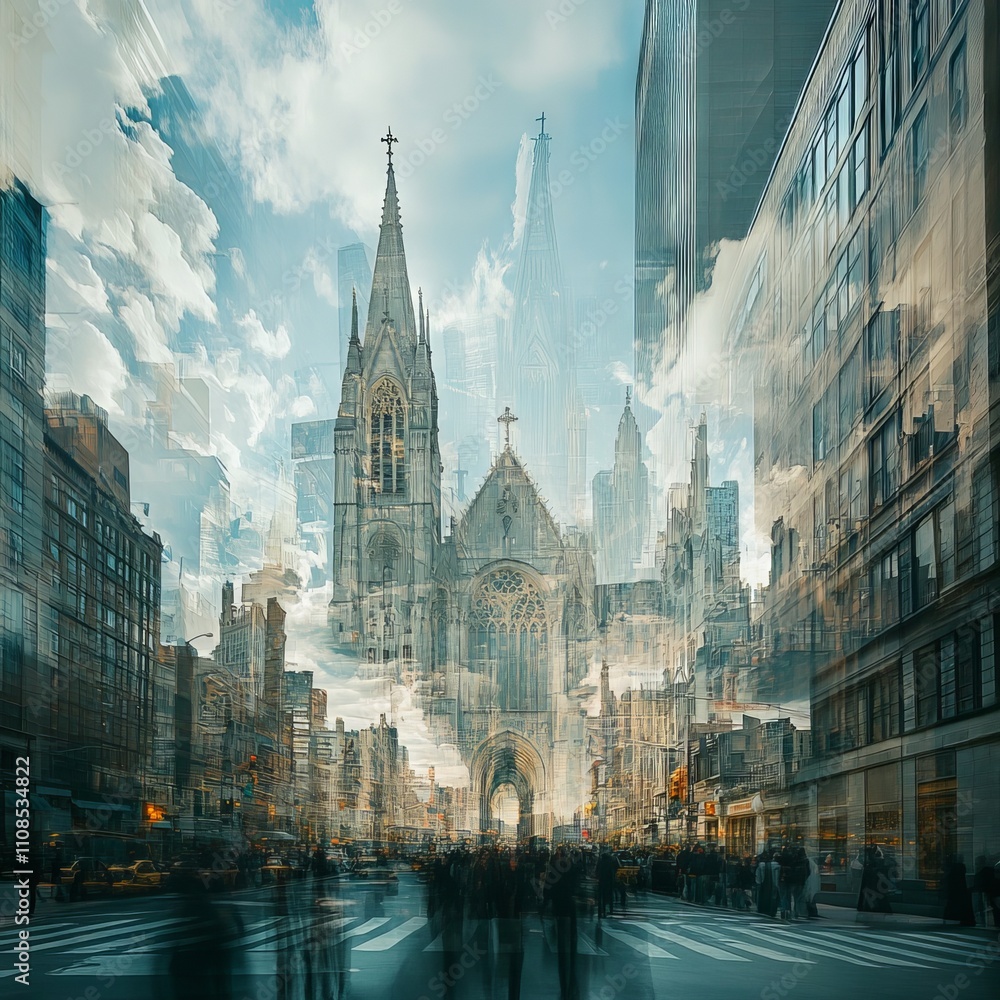 Naklejka premium A city street with a large cathedral in the background. The cathedral is surrounded by buildings and people are walking on the street