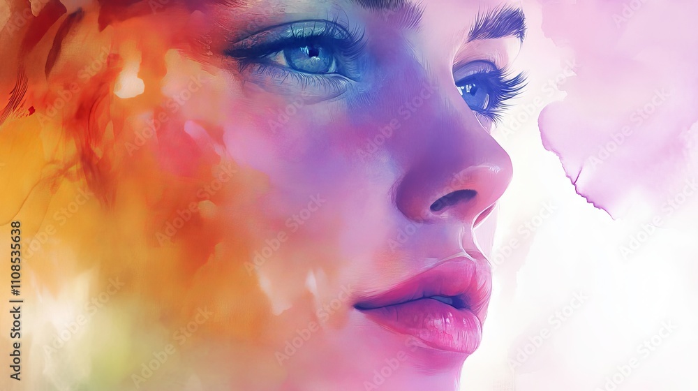 Obraz premium A stunning watercolor portrait showcasing a woman's face with vivid colors and an abstract background, highlighting artistic expression.