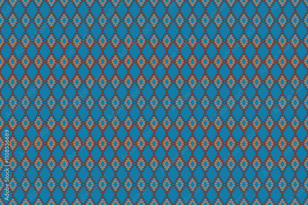 Fototapeta premium A detailed fabric design featuring geometric diamond motifs in earthy brown and gold tones on a vibrant blue background, exuding cultural elegance and modern sophistication