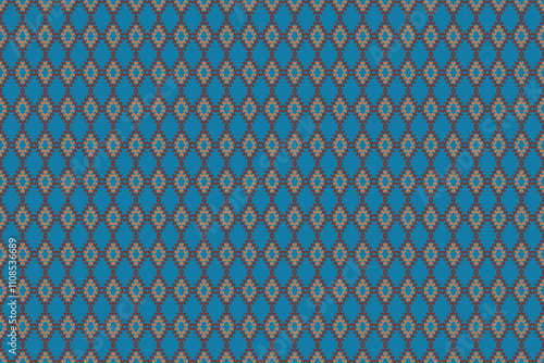 A detailed fabric design featuring geometric diamond motifs in earthy brown and gold tones on a vibrant blue background, exuding cultural elegance and modern sophistication