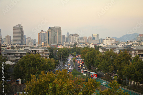 Rush Hour in Nanjing with Modern Skyline in the Background, China