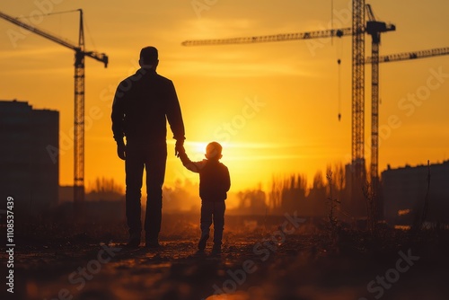 Silhouetted father and son hold hands at sunset, construction cranes in background. Illustrates themes of family, legacy, and future generations. photo