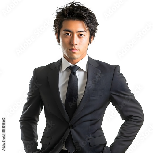 A young Japanese businessman in formal wear, confidently posing against an isolated white background. photo