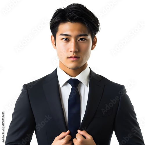 A young Japanese businessman in formal wear, confidently posing against an isolated white background. photo