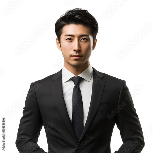 A young Japanese businessman in formal wear, confidently posing against an isolated white background. photo